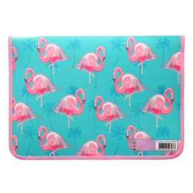 

Папка для тетрадей пластиковая А4, пластиковая, молния вокруг, "Фламинго и пальмы"