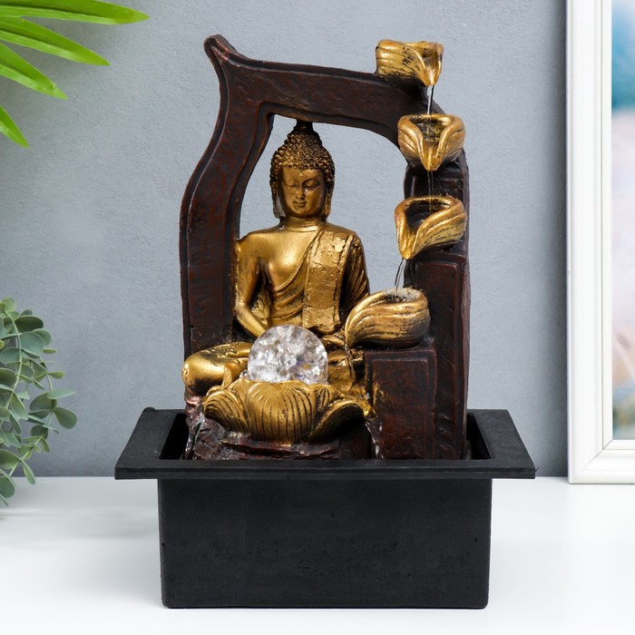 Фонтан настольный от сети Будда в арке с фонтаном золото 35х25х20 см