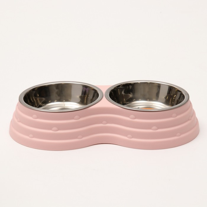 фото Миска металлическая двойная на пластиковом основании 2 х 160 мл, 25 х 14 х 5 см, розовая пижон