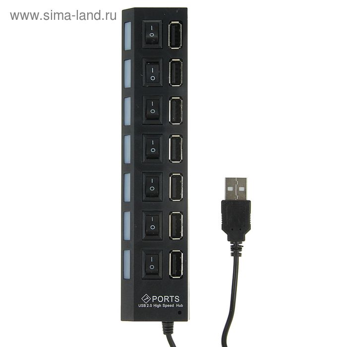 USB-разветвитель LuazON, 7 портов с выключателями, USB 2.0, черный