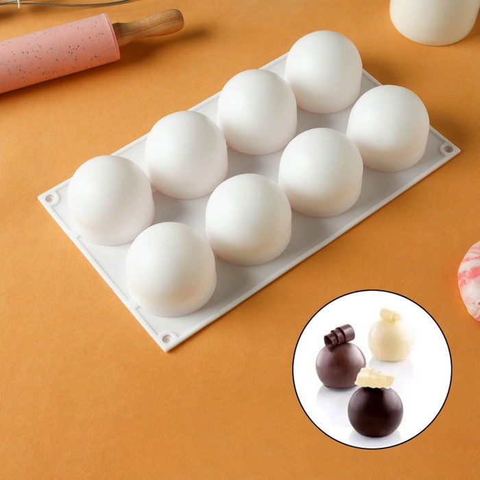 Форма для выпечки и муссовых десертов KONFINETTA «Шарики», 8 ячеек, 29,7×17,4×3,7 см, цвет белый