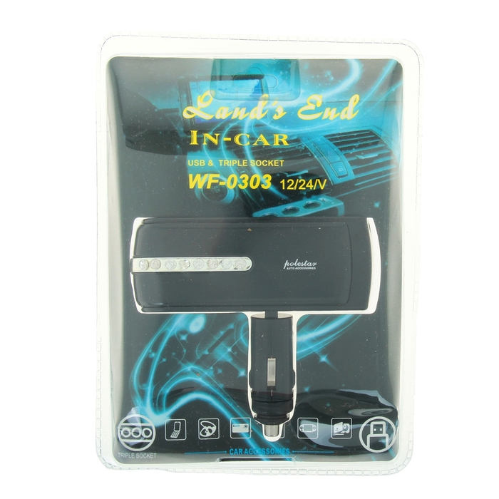 Разветвитель прикуривателя WF-0303, 3 выхода + 1 USB, чёрный