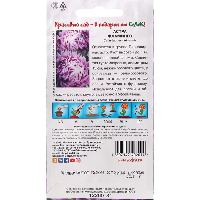 Семена цветов цветок Астра Фламинго (китайская, пионовидная, нежно-розовая) . Евро, 0,2 г