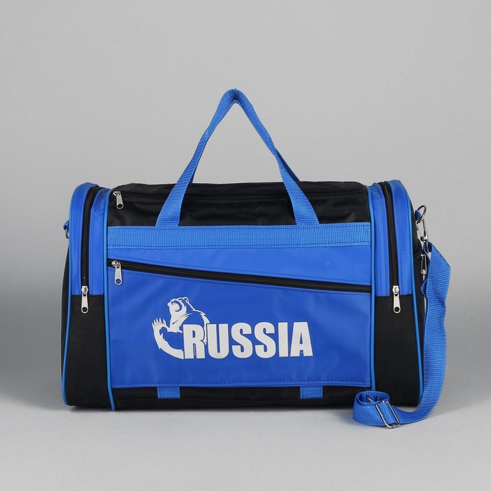 Сумка спортивная на молнии, 1 отдел, 3 наружных кармана, длинный ремень, рисунок МИКС, цвет чёрный/голубой