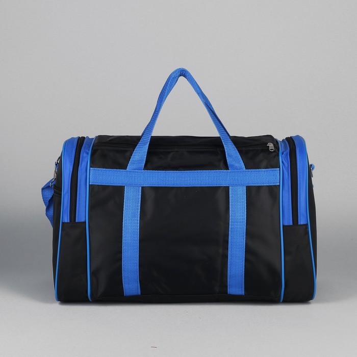 Сумка спортивная на молнии, 1 отдел, 3 наружных кармана, длинный ремень, рисунок МИКС, цвет чёрный/голубой
