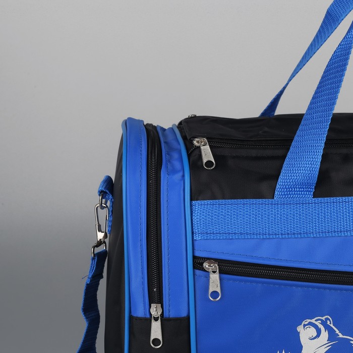 Сумка спортивная на молнии, 1 отдел, 3 наружных кармана, длинный ремень, рисунок МИКС, цвет чёрный/голубой