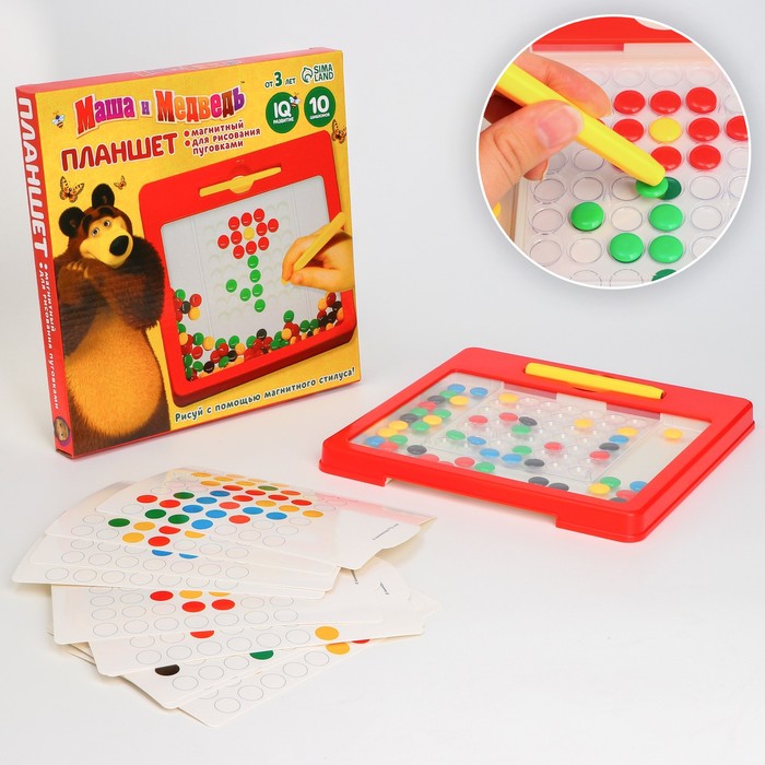 Планшет-мозаика магнитный для рисования, 49 ячеек, с карточками шаблонами, Маша и Медведь планшет для рисования 3d зайка с ручками и карточками цвет микс