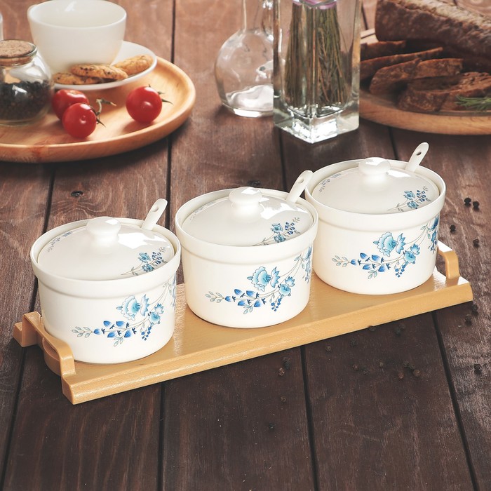 Набор банок для сыпучих продуктов 300 мл с ложками "Васильки" на подставке, 3 шт.