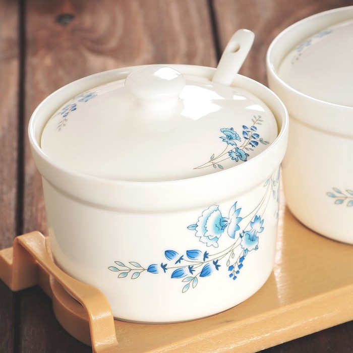 Набор банок для сыпучих продуктов 300 мл с ложками "Васильки" на подставке, 3 шт.