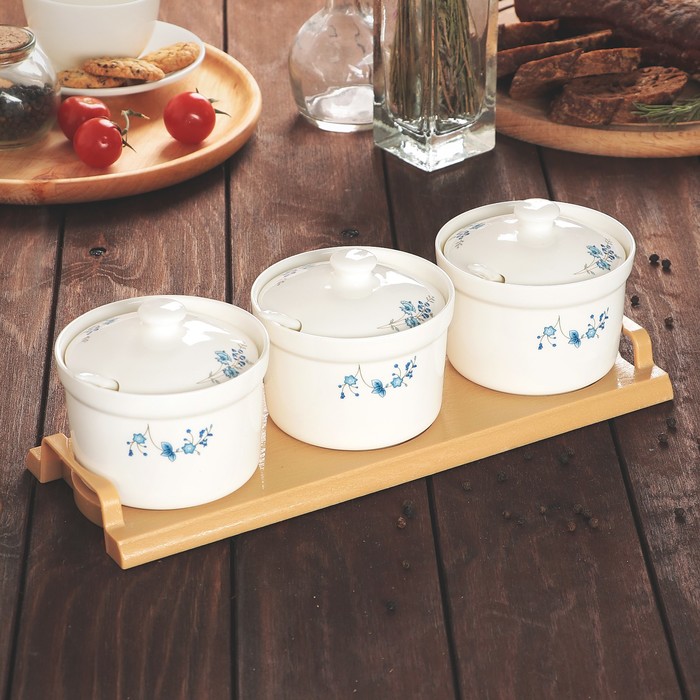 Набор банок для сыпучих продуктов 300 мл с ложками "Васильки" на подставке, 3 шт.