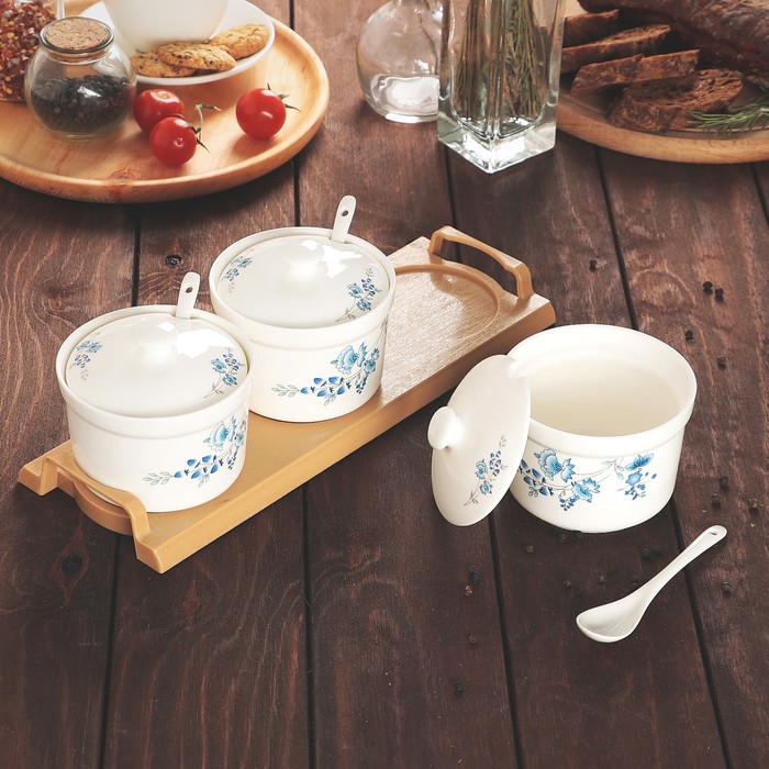 Набор банок для сыпучих продуктов 300 мл с ложками "Васильки" на подставке, 3 шт.