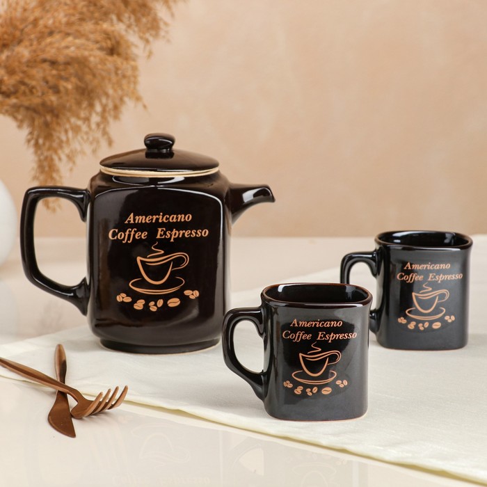 фото Кофейный набор "espresso", 3 предмета, керамика, чайник 0.8 л, кружка 0.2 л керамика ручной работы