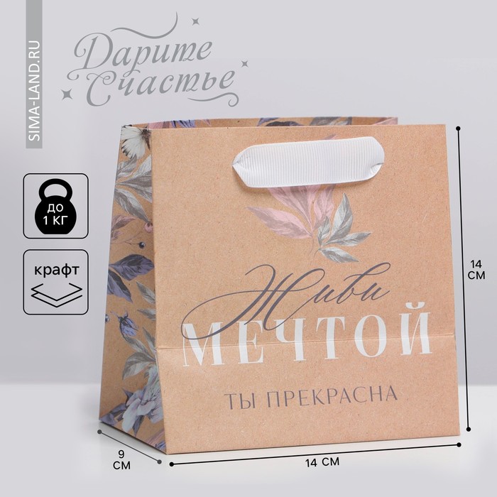 

Пакет подарочный крафтовый квадратный, упаковка, «Dream», 14 х 14 х 9 см