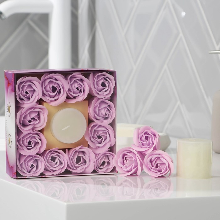 фото Подарочный набор «тебе прекрасной», мыло туалетное твердое лепестковое 12 шт., свеча чистое счастье