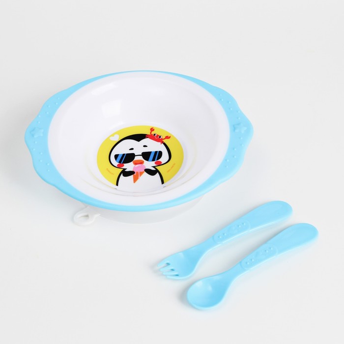Набор детской посуды «Пингвинчик», тарелка на присоске 250мл, вилка, ложка цена и фото
