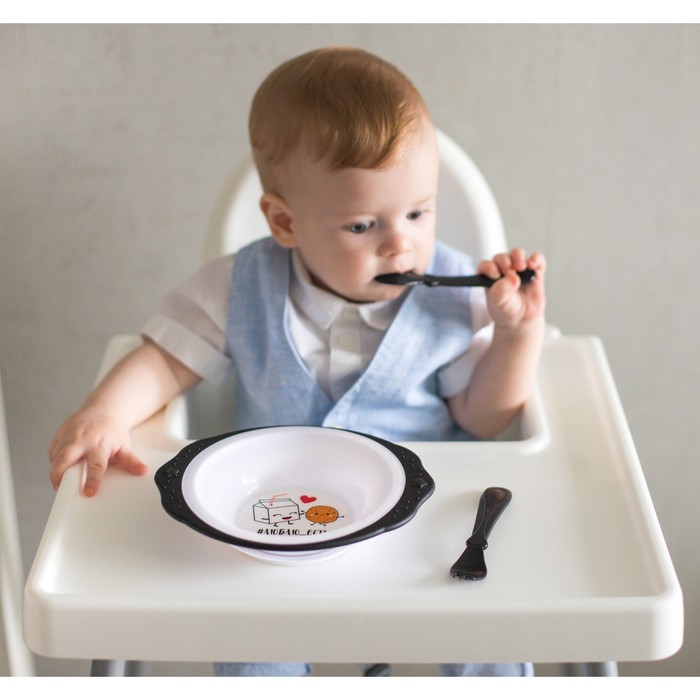 фото Набор детской посуды «люблю есть», тарелка на присоске 250мл, вилка, ложка mum&baby