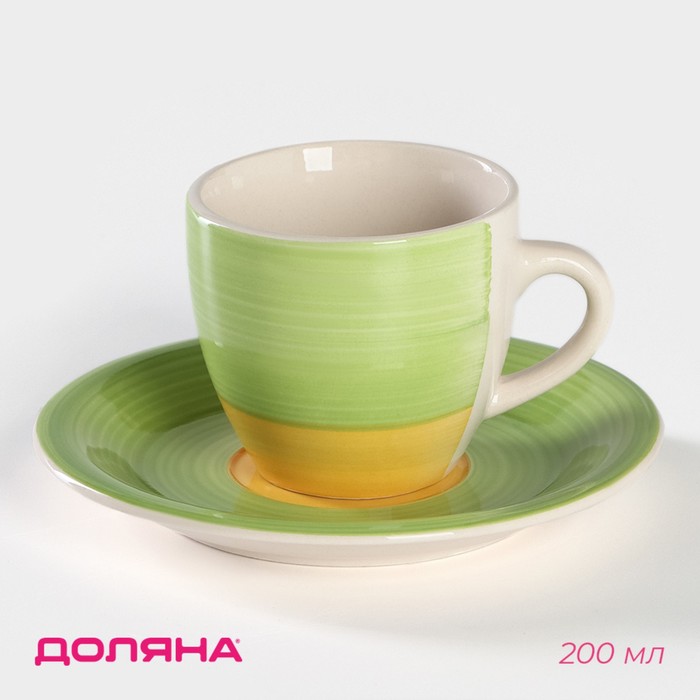 Чайная пара керамическая Доляна «Подсолнух», 2 предмета: чашка 200 мл, блюдце d=14,5 см, цвет зелёный чайная пара керамическая аура чашка 200 мл блюдце d 13 см цвет бежевый