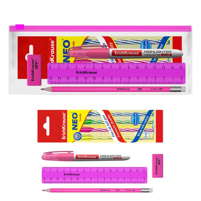 Набор в ZIP-пакете ErichKrause Neon Solid, 8 предметов, розовый