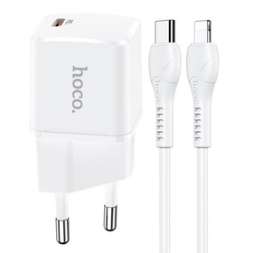 

Сетевое зарядное устройство Hoco N10, USB-C, 3 А, кабель Type-C - Lightning 1м, PD20W, белое