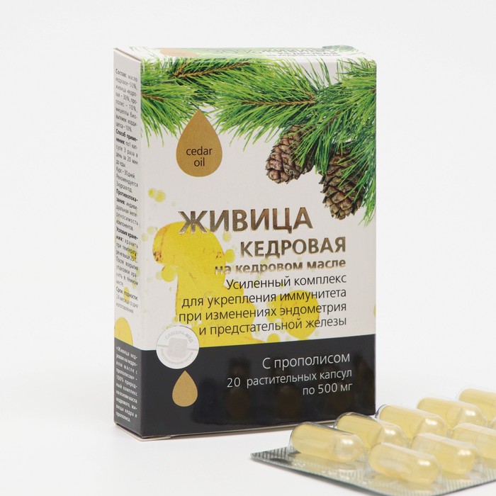 фото Живица кедровая на кедровом масле с прополисом, 20 капсул по 500 мг сашера-мед