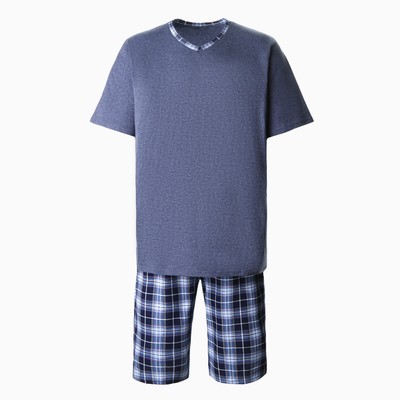 Комплект (футболка и брюки) мужской, серо-голубой/клетка, размер 60