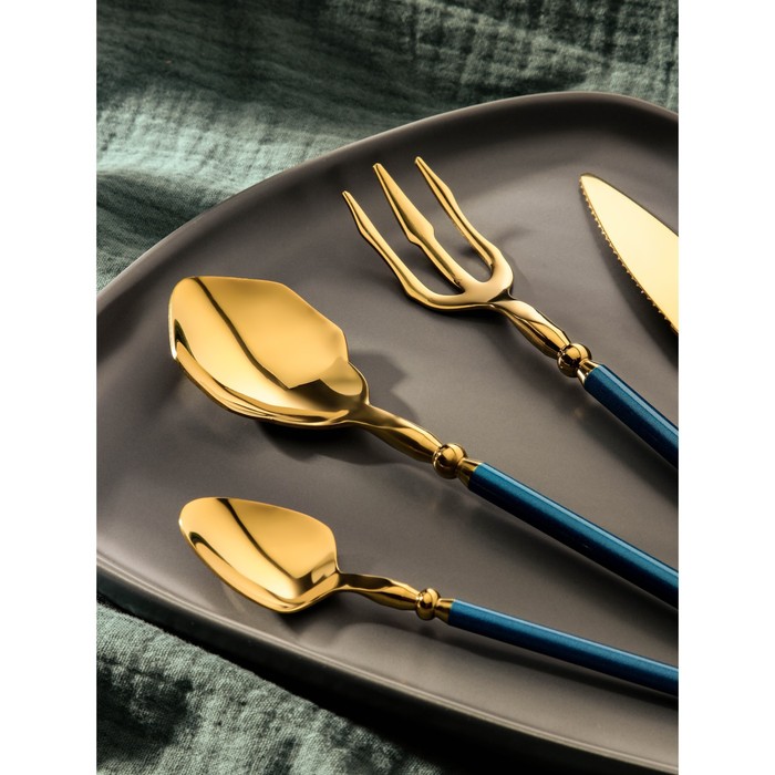 фото Набор столовых приборов из нержавеющей стали magistro ocean, 4 предмета, цвет металла золотой, ручка синяя