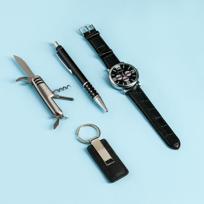 Набор подарочный 4в1 (ручка, нож 3в1, часы, брелок)