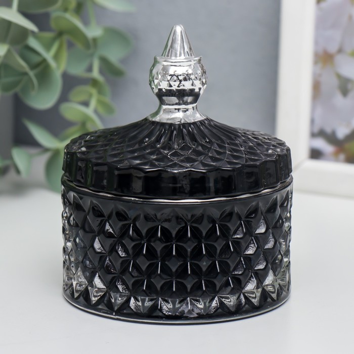 Шкатулка стекло Ромбы и купол чёрный с серебром 11х8,5х8,5 см