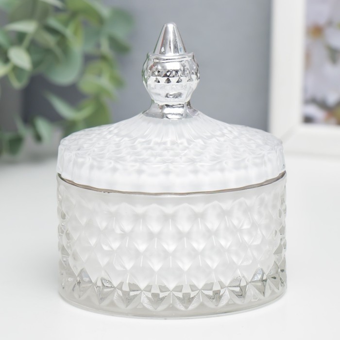 Шкатулка стекло Ромбы и купол белый с серебром 11х8,5х8,5 см