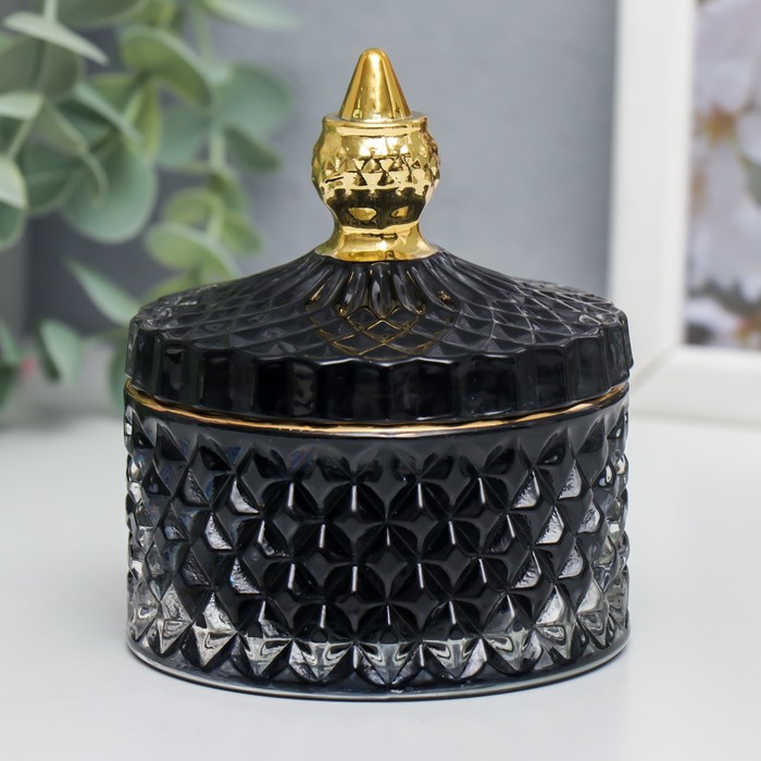 Шкатулка стекло Ромбы и купол чёрный с золотом 11х8,5х8,5 см