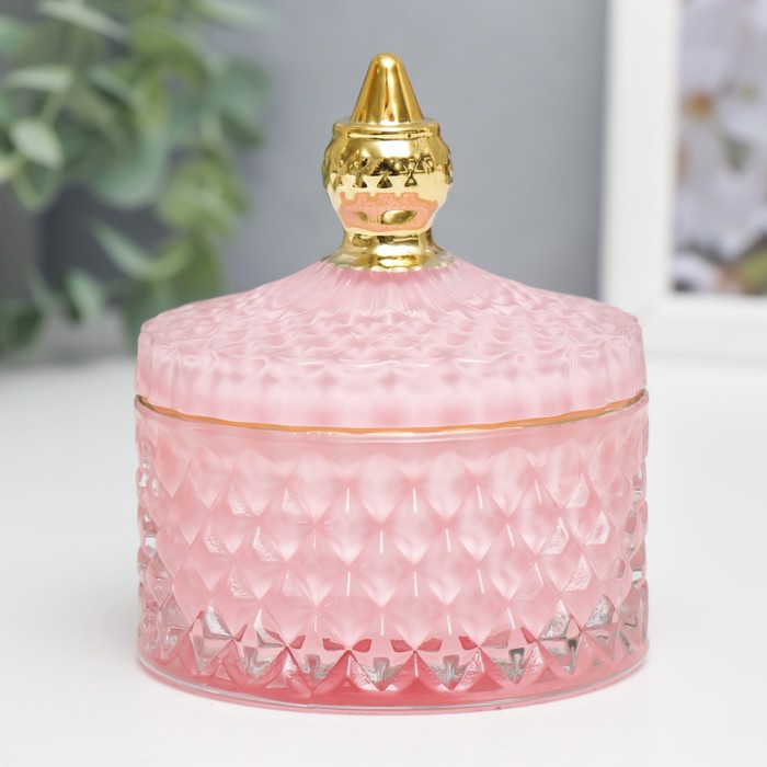 Шкатулка стекло Ромбы и купол розовый с золотом 11х8,5х8,5 см