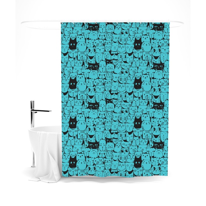 фото Шторка для ванной «сирень» «в мире кошек», 145х180 см, цвет голубой