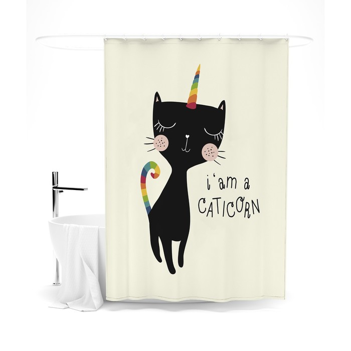 Шторка для ванной «Сирень» «Кошка-единорожка», 145х180 см, цвет бежевый
