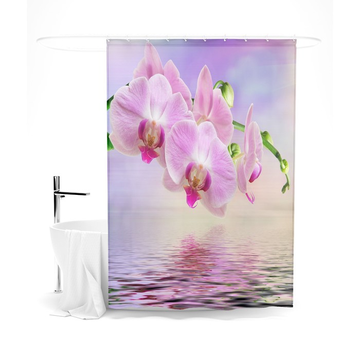 фото Шторка для ванной «сирень» «орхидея и отражение», 145х180 см, цвет сиреневый
