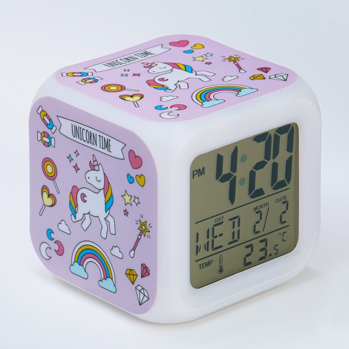 Часы электронные настольные "Единорог" с подсветкой, будильник, термометр, календарь, 8 х 8 см 75334