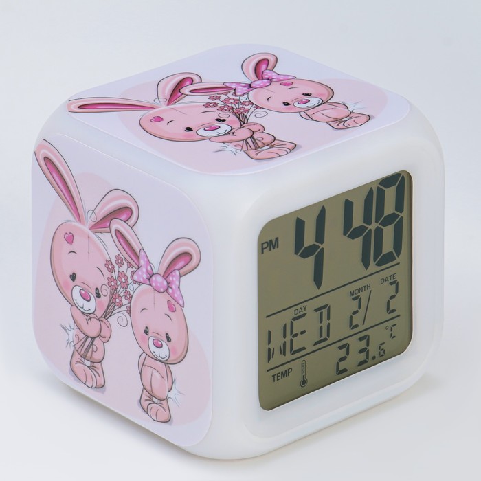 Часы электронные настольные "Зайка" с подсветкой, будильник, термометр, календарь, 8 х 8 см