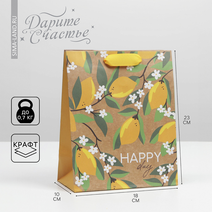 Пакет подарочный крафтовый вертикальный, упаковка, «Happy day», MS 18 х 23 х 8 см