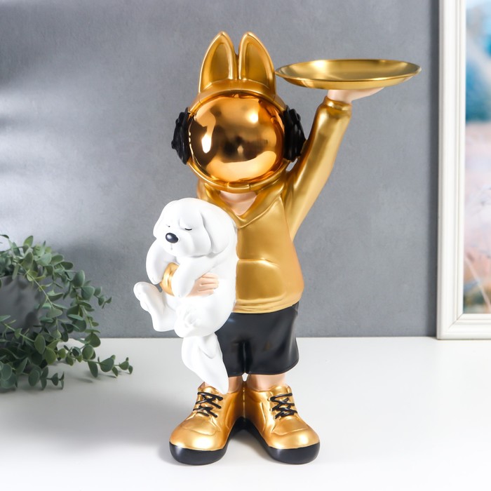 Сувенир полистоун подставка "Космонавт-кролик в золотом с пёсиком" 44х29 см