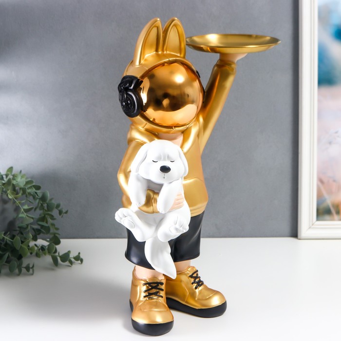 Сувенир полистоун подставка "Космонавт-кролик в золотом с пёсиком" 44х29 см 7503204