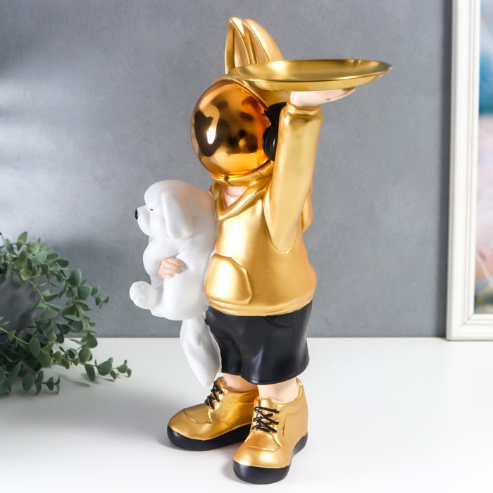 Сувенир полистоун подставка "Космонавт-кролик в золотом с пёсиком" 44х29 см 7503204