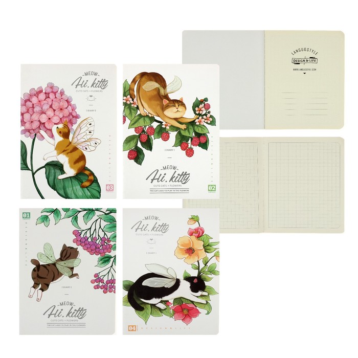 Блокнот А6, 24 листа в клетку, 105 х 142 мм, Landuo CAT GENIE, сшивка, МИКС 4 вида