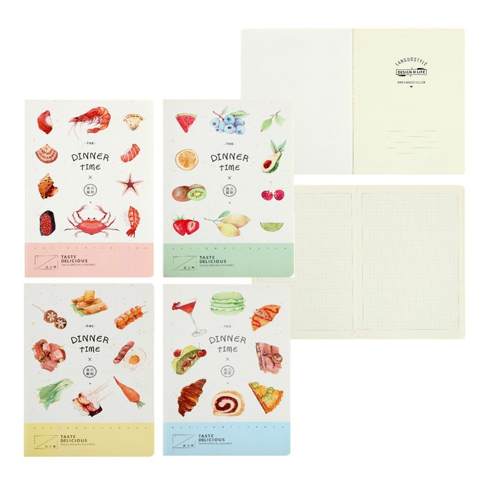 Блокнот А6, 24 листа в клетку, 105 х 142 мм, Landuo DINNER TIME, сшивка, МИКС 4 вида