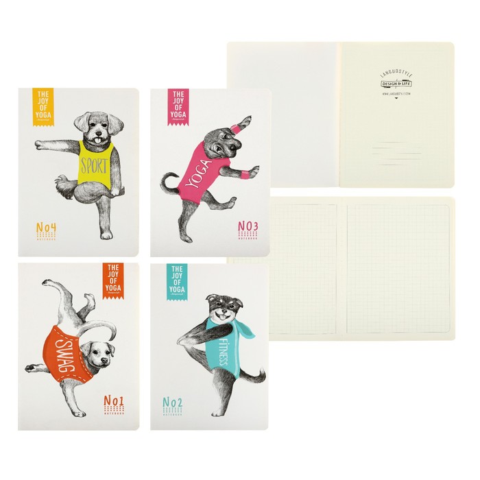 Блокнот А6, 24 листа в клетку, 105 х 142 мм, Landuo DOGS LOVE YOGA, сшивка, МИКС 4 вида