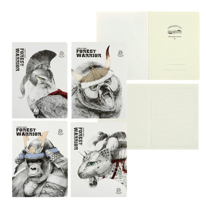 Блокнот А6, 24 листа в клетку, 105 х 142 мм, Landuo FOREST WARRIOR, сшивка, МИКС 4 вида