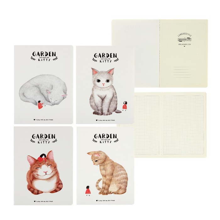 Блокнот А6, 24 листа в клетку, 105 х 142 мм, Landuo GARDEN KITTY, сшивка, МИКС 4 вида