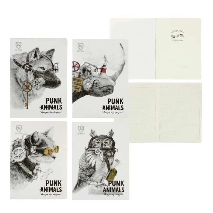 Блокнот А6, 24 листа в клетку, 105 х 142 мм, Landuo PUNK ANIMALS, сшивка, МИКС 4 вида