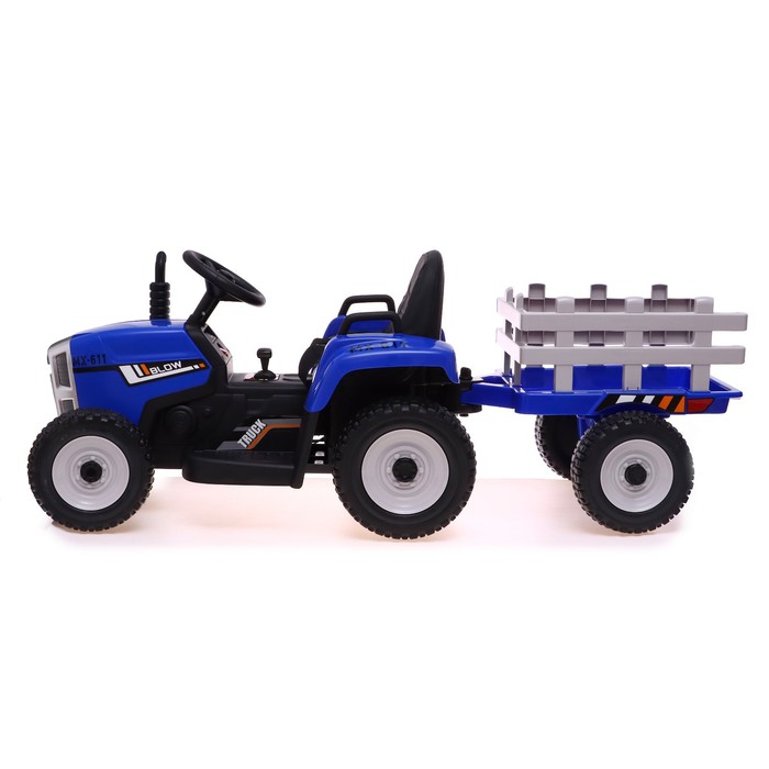 фото Электромобиль «трактор», с прицепом, eva колеса, кожаное сидение, цвет синий