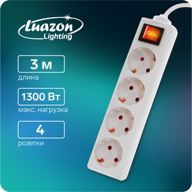 Удлинитель Luazon Lighting, 4 розетки, 3м, 6А,1300 Вт, ПВС 3х0.75 мм2, без з/к, с выкл., Б