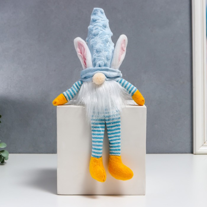 Кукла интерьерная свет Гном в шапке с зайчьими ушами, длинные ножки голубой 30х8 см