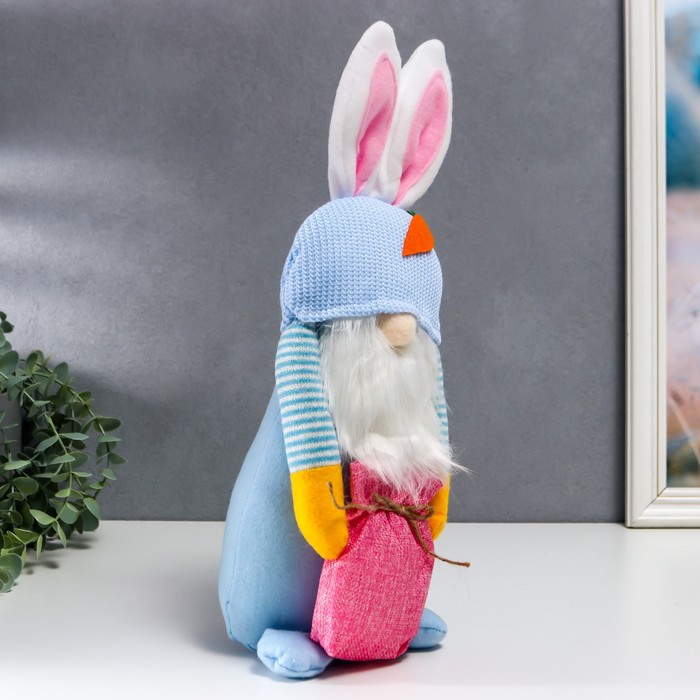 Кукла интерьерная "Гном в шапке с зайчьими ушами, с мешком" голубой 40х14 см